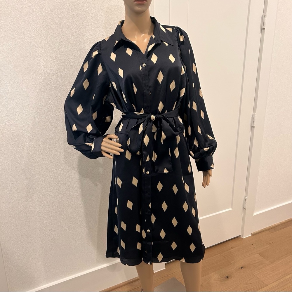 Ann Taylor Black and Cream Geometric Dress with Belt